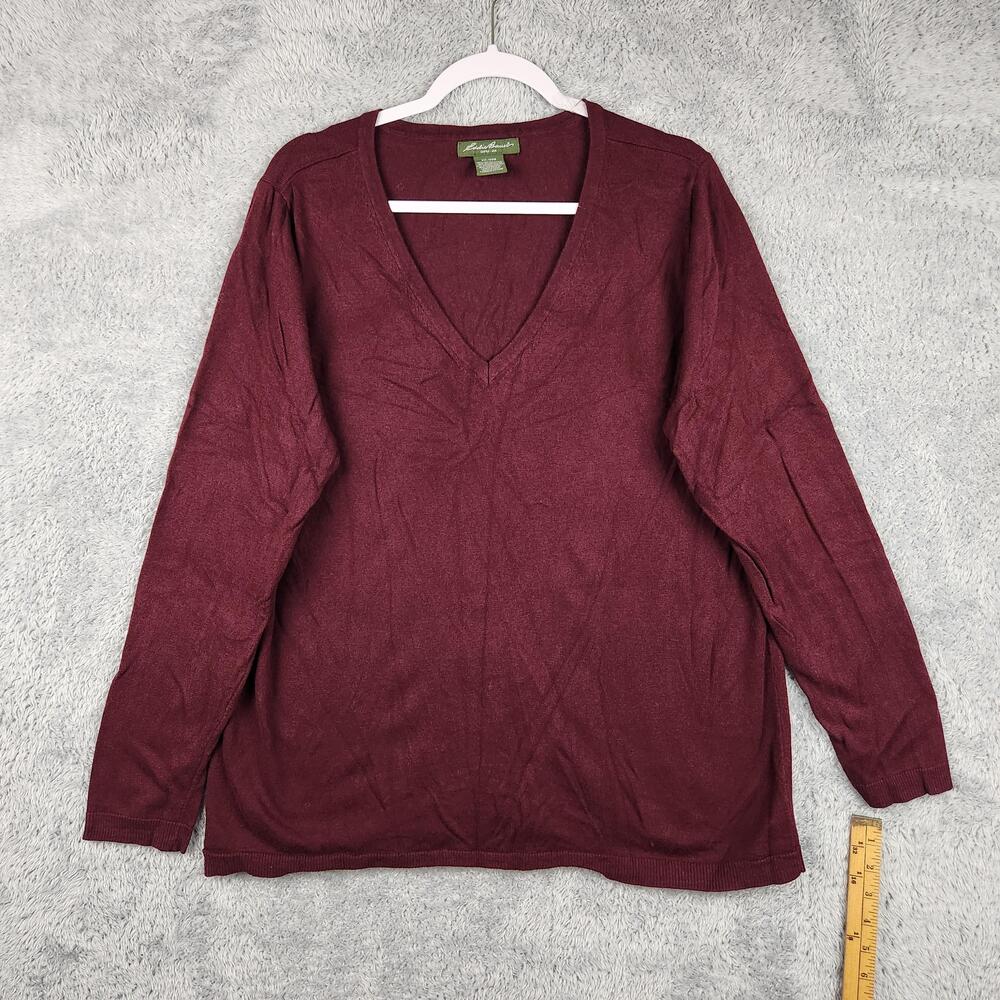 Eddie Bauer Sweater Mens 2XL Red Burgundy V Neck Wool Lightweight Knit Pullover